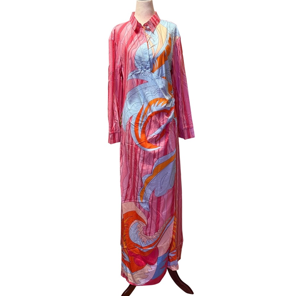 Mundefeis Pink Graphic Print Draped Maxi Shirt Dress Womens XL Long Sleeve New